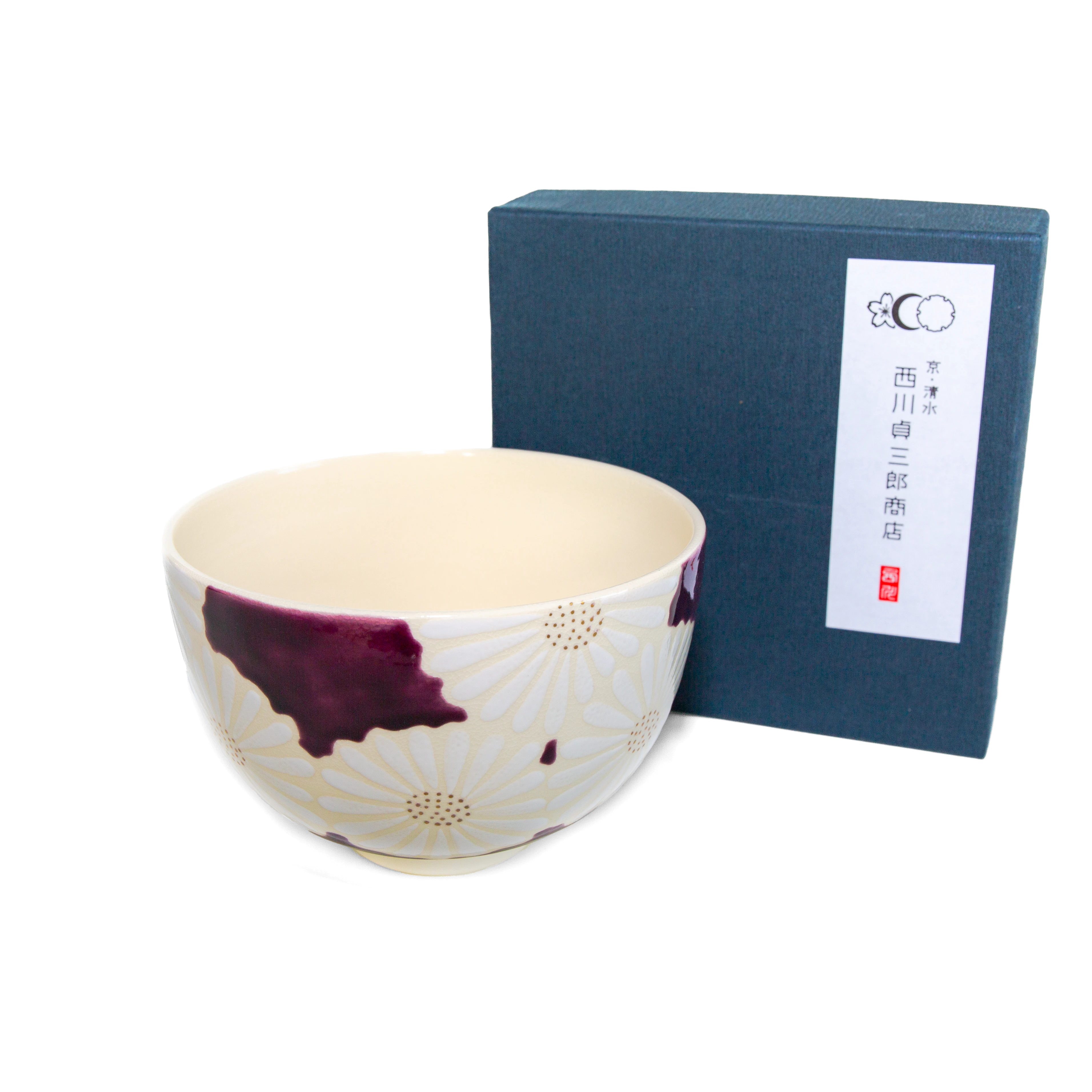 Kiyomizu-yaki Matcha Bowl – White Chrysanthemum on Purple